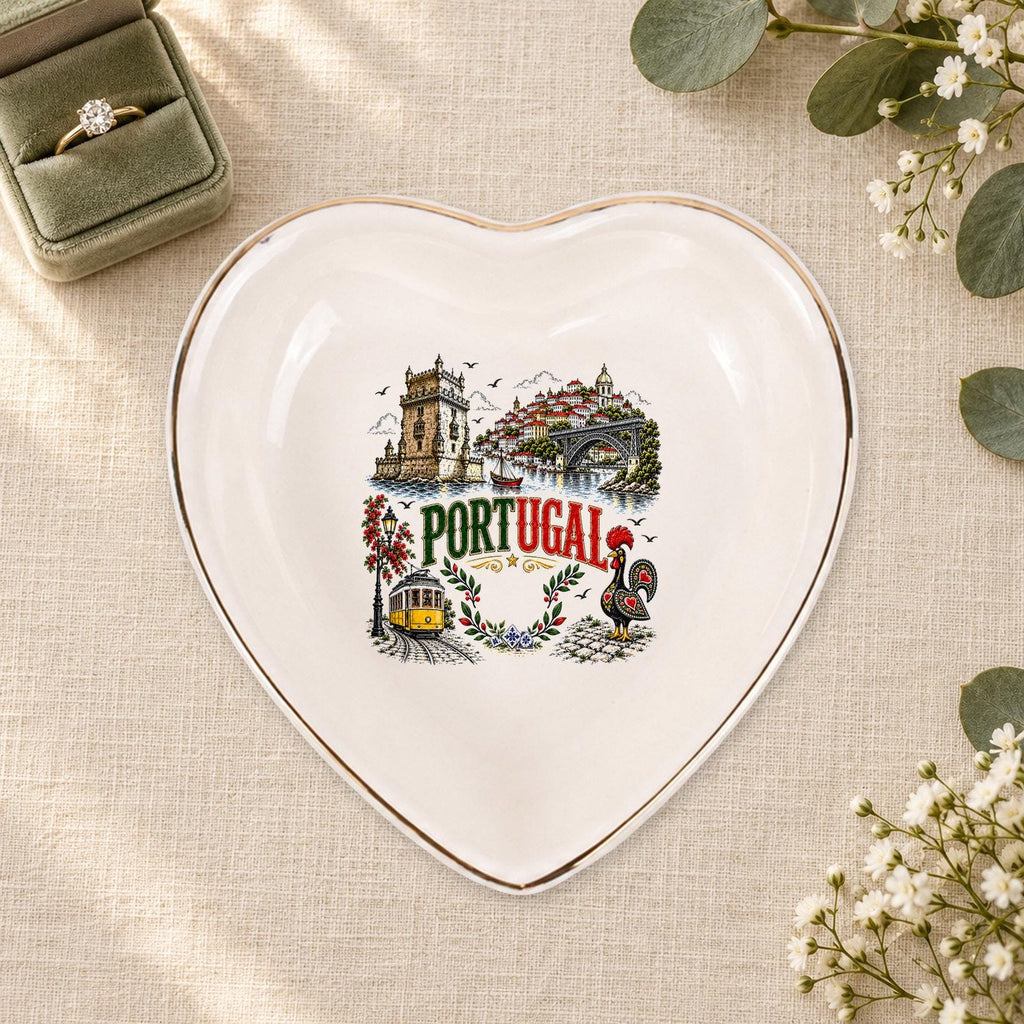 Portugal Ceramic Ring Dish, Gold Rim Trinket Tray, Jewelry Holder Gift, Five Shape Options