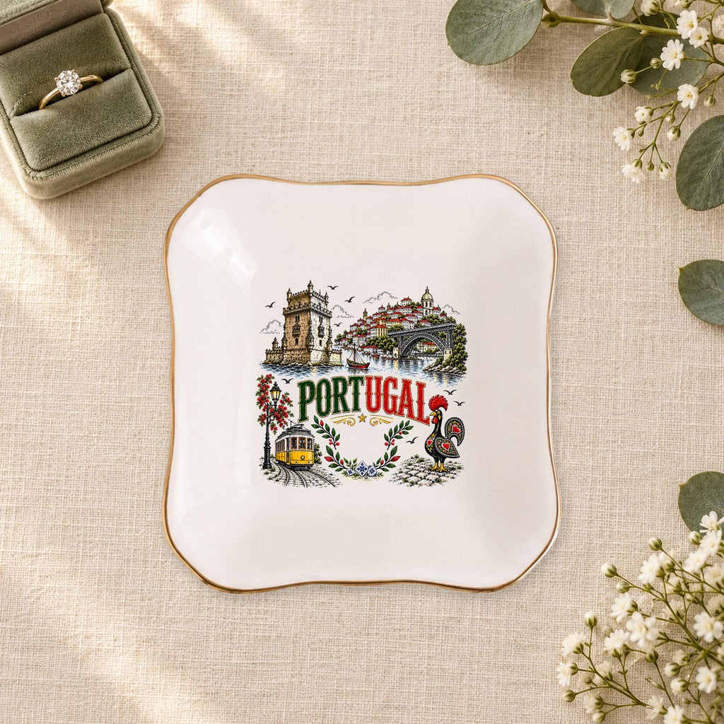 Portugal Ceramic Ring Dish, Gold Rim Trinket Tray, Jewelry Holder Gift, Five Shape Options