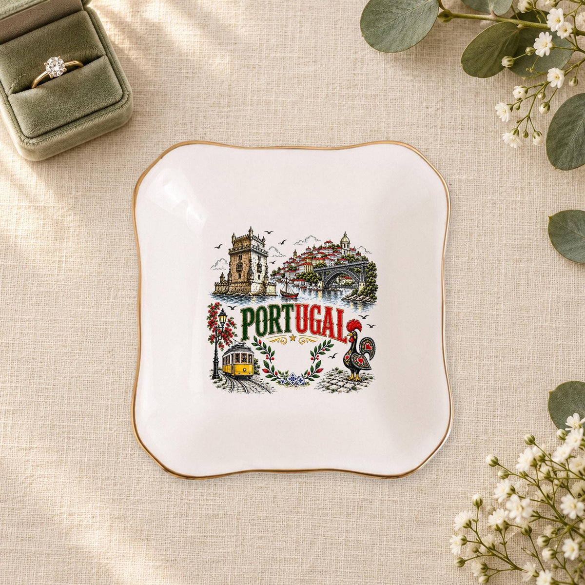 Portugal Ceramic Ring Dish, Gold Rim Trinket Tray, Jewelry Holder Gift, Five Shape Options
