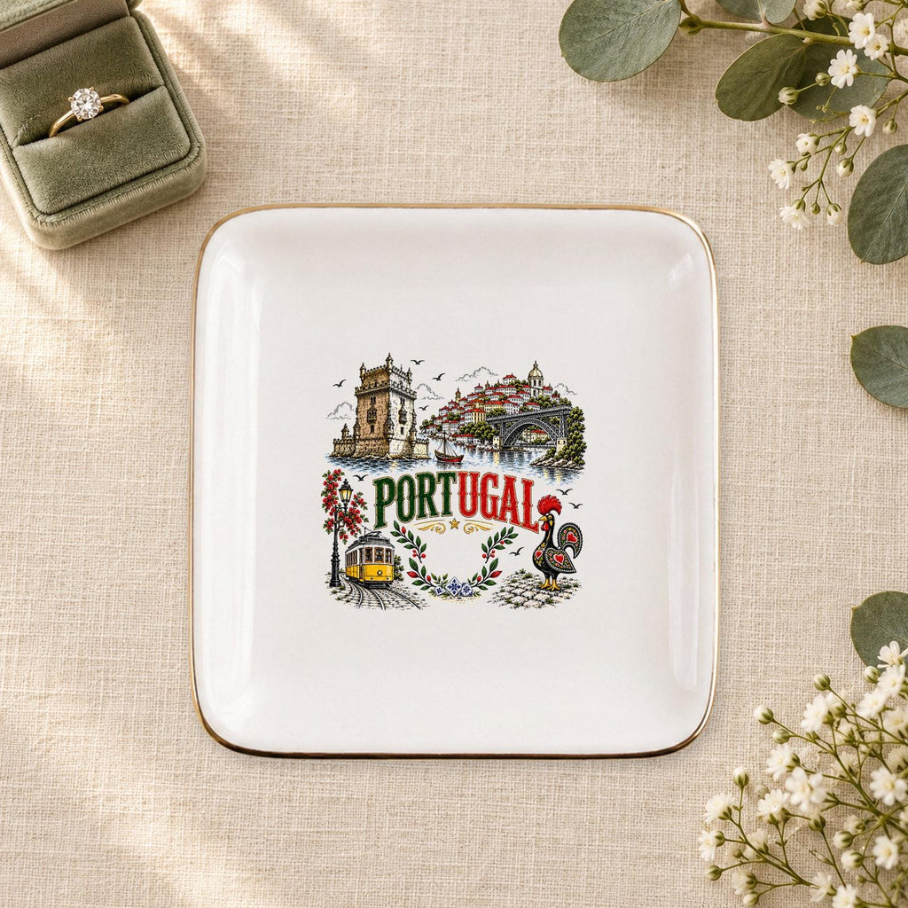 Portugal Ceramic Ring Dish, Gold Rim Trinket Tray, Jewelry Holder Gift, Five Shape Options