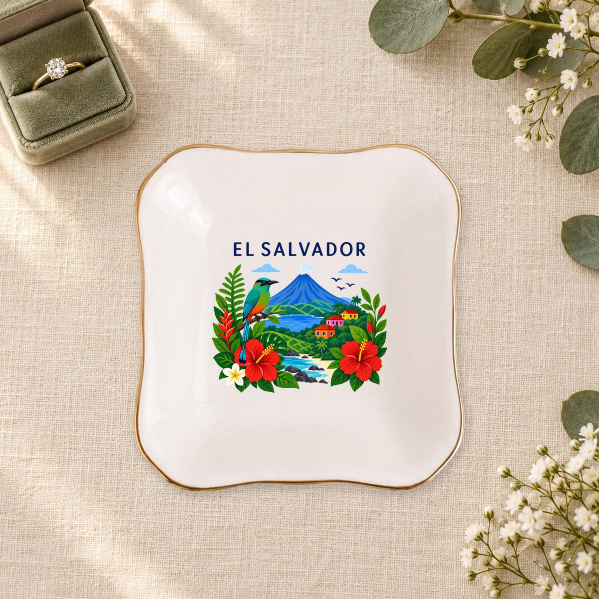 El Salvador Ceramic Ring Dish, Gold Rim Trinket Tray, Jewelry Holder Gift, Five Shape Options