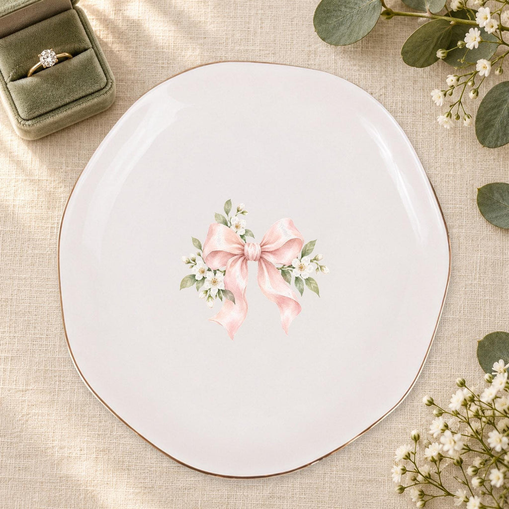 Blush Bridal Bow Ceramic Ring Dish, Gold Rim Trinket Tray, Jewelry Holder Gift, Five Shape Options