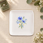 Blue Wildflower Ceramic Ring Dish, Gold Rim Trinket Tray, Jewelry Holder Gift, Five Shape Options