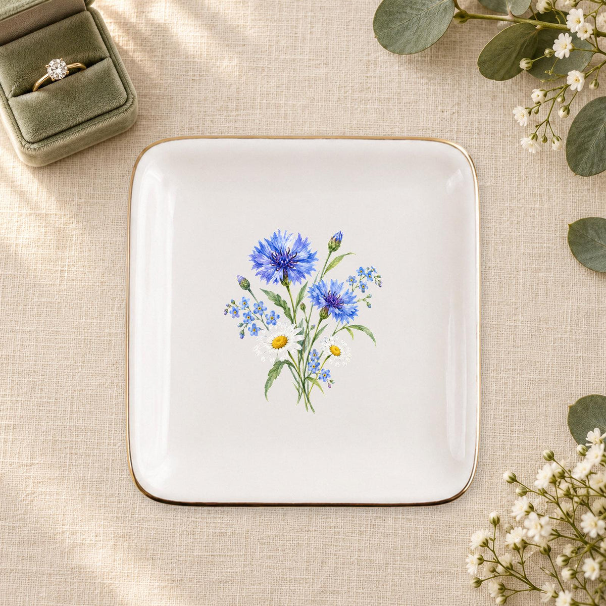 Blue Wildflower Ceramic Ring Dish, Gold Rim Trinket Tray, Jewelry Holder Gift, Five Shape Options