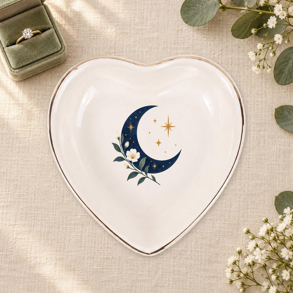 Celestial Moon Ceramic Ring Dish, Gold Rim Trinket Tray, Jewelry Holder Gift, Five Shape Options