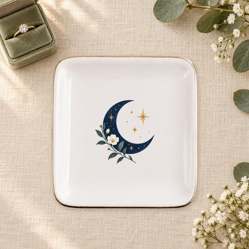 Celestial Moon Ceramic Ring Dish, Gold Rim Trinket Tray, Jewelry Holder Gift, Five Shape Options