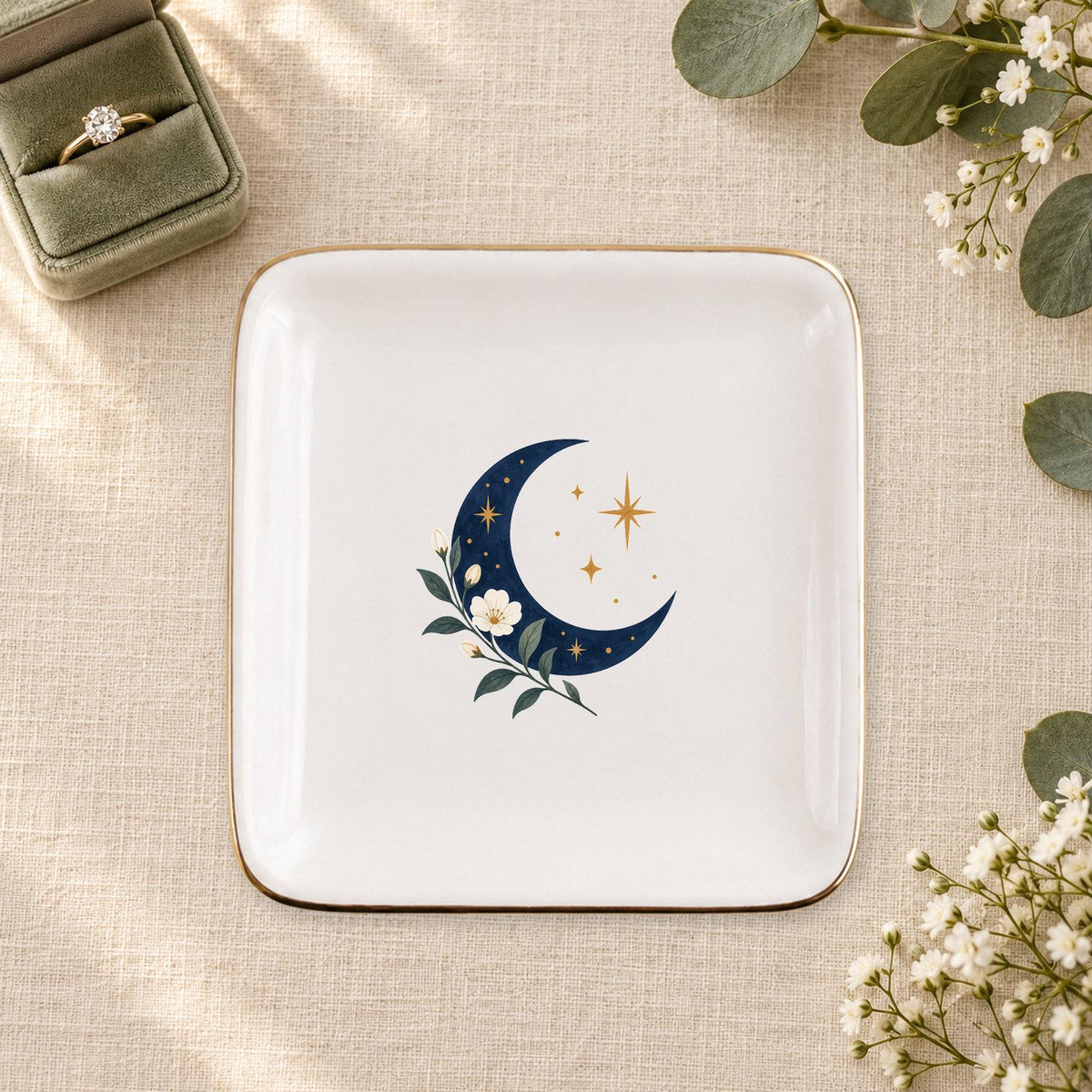 Celestial Moon Ceramic Ring Dish, Gold Rim Trinket Tray, Jewelry Holder Gift, Five Shape Options