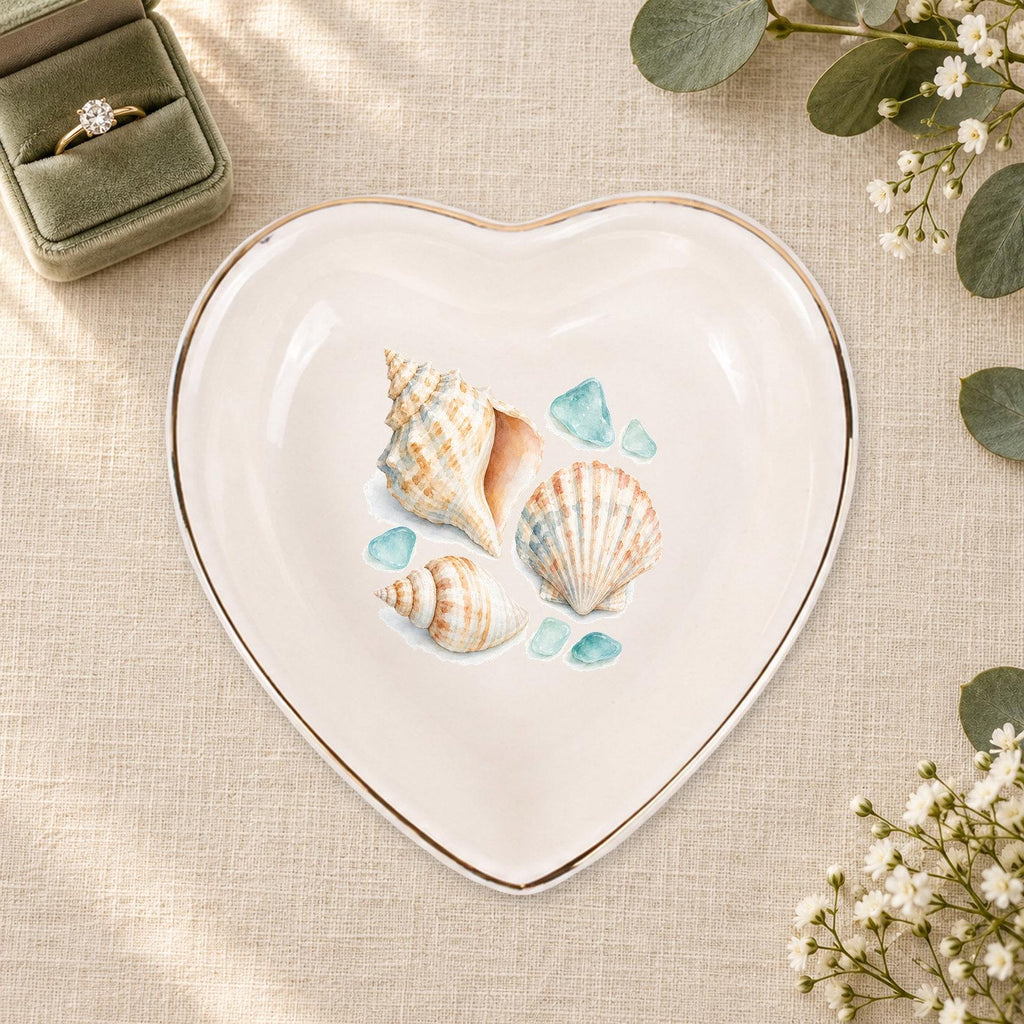 Coastal Shells Ceramic Ring Dish, Gold Rim Trinket Tray, Jewelry Holder Gift, Five Shape Options
