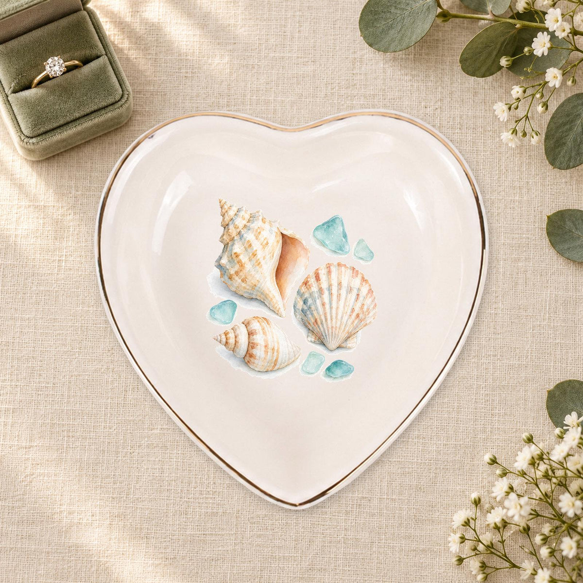 Coastal Shells Ceramic Ring Dish, Gold Rim Trinket Tray, Jewelry Holder Gift, Five Shape Options
