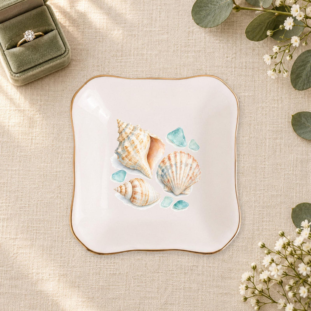 Coastal Shells Ceramic Ring Dish, Gold Rim Trinket Tray, Jewelry Holder Gift, Five Shape Options