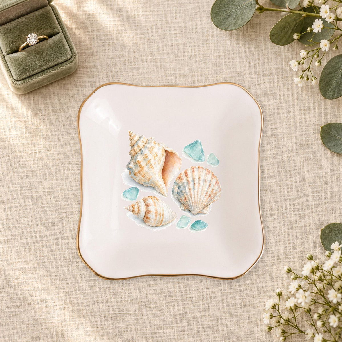Coastal Shells Ceramic Ring Dish, Gold Rim Trinket Tray, Jewelry Holder Gift, Five Shape Options