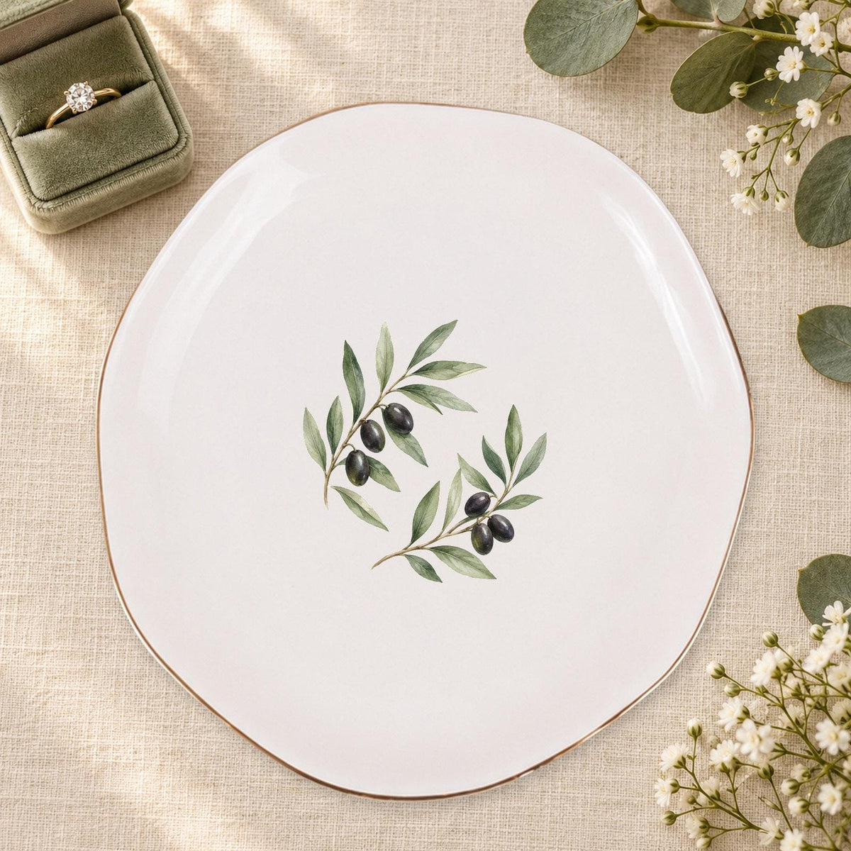 Olive Branch Ceramic Ring Dish, Gold Rim Trinket Tray, Jewelry Holder Gift, Five Shape Options