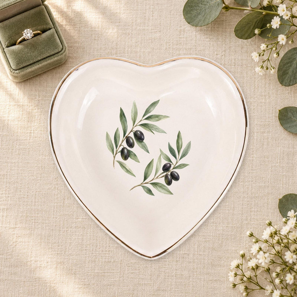 Olive Branch Ceramic Ring Dish, Gold Rim Trinket Tray, Jewelry Holder Gift, Five Shape Options
