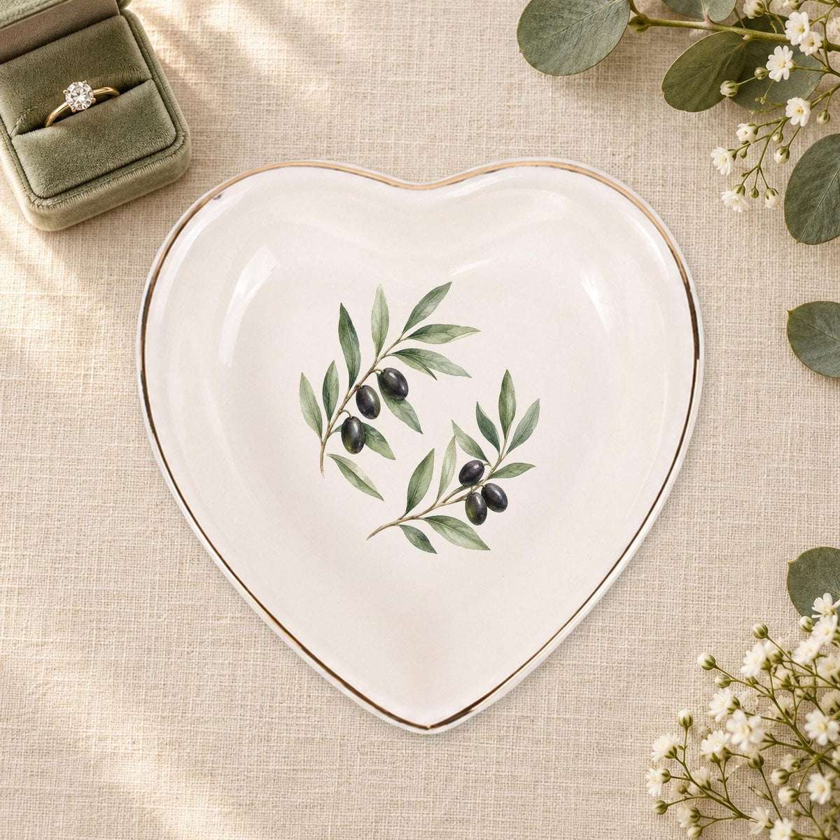 Olive Branch Ceramic Ring Dish, Gold Rim Trinket Tray, Jewelry Holder Gift, Five Shape Options