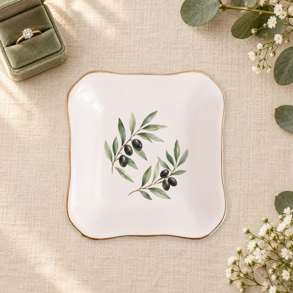 Olive Branch Ceramic Ring Dish, Gold Rim Trinket Tray, Jewelry Holder Gift, Five Shape Options