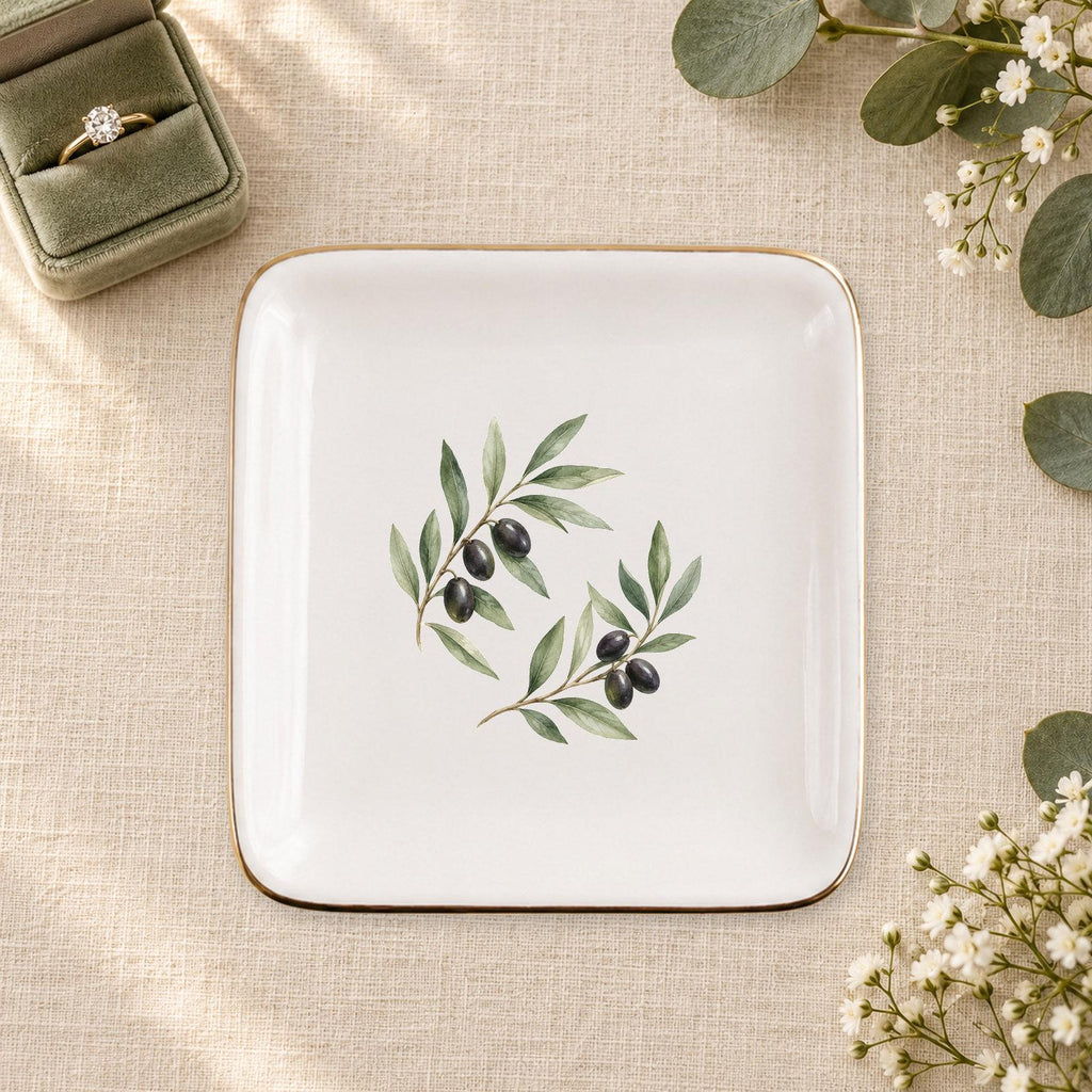 Olive Branch Ceramic Ring Dish, Gold Rim Trinket Tray, Jewelry Holder Gift, Five Shape Options