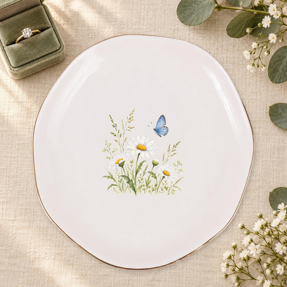 Butterfly Meadow Ceramic Ring Dish, Gold Rim Trinket Tray, Jewelry Holder Gift, Five Shape Options