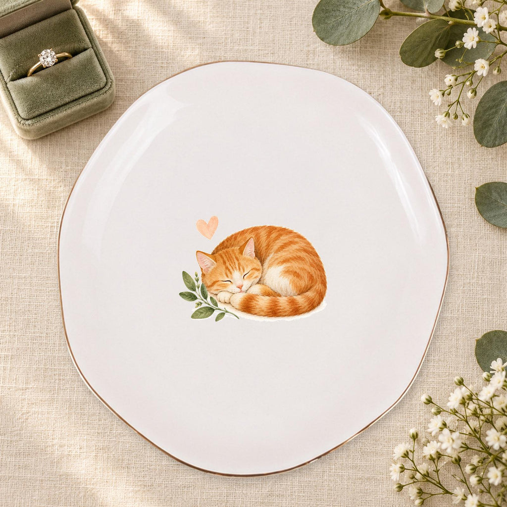 Sleeping Cat Ceramic Ring Dish, Gold Rim Trinket Tray, Jewelry Holder Gift, Five Shape Options