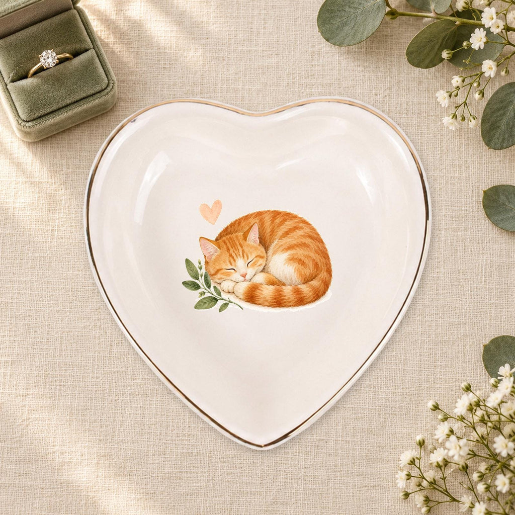 Sleeping Cat Ceramic Ring Dish, Gold Rim Trinket Tray, Jewelry Holder Gift, Five Shape Options