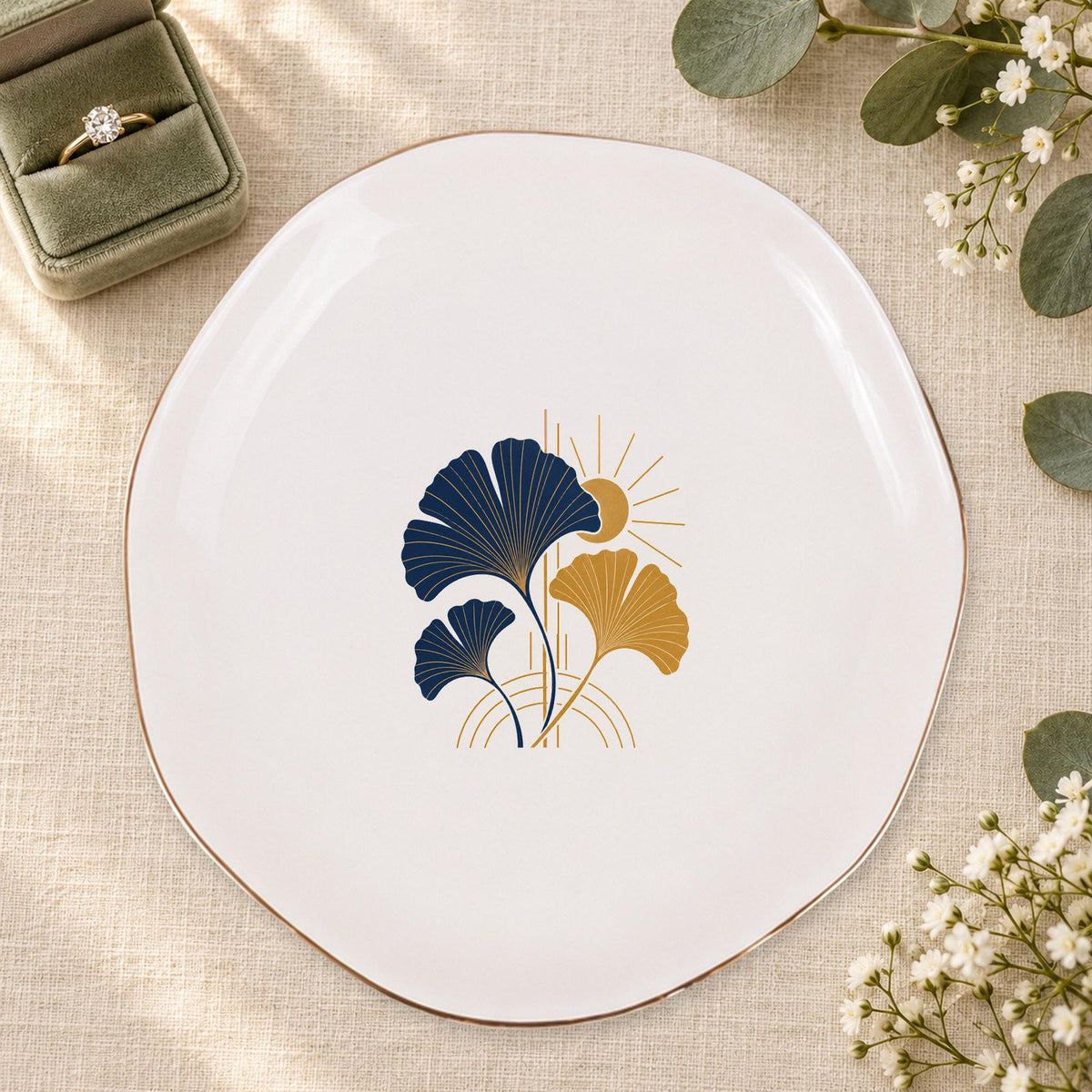 Art Deco Ginkgo Ceramic Ring Dish, Gold Rim Trinket Tray, Jewelry Holder Gift, Five Shape Options