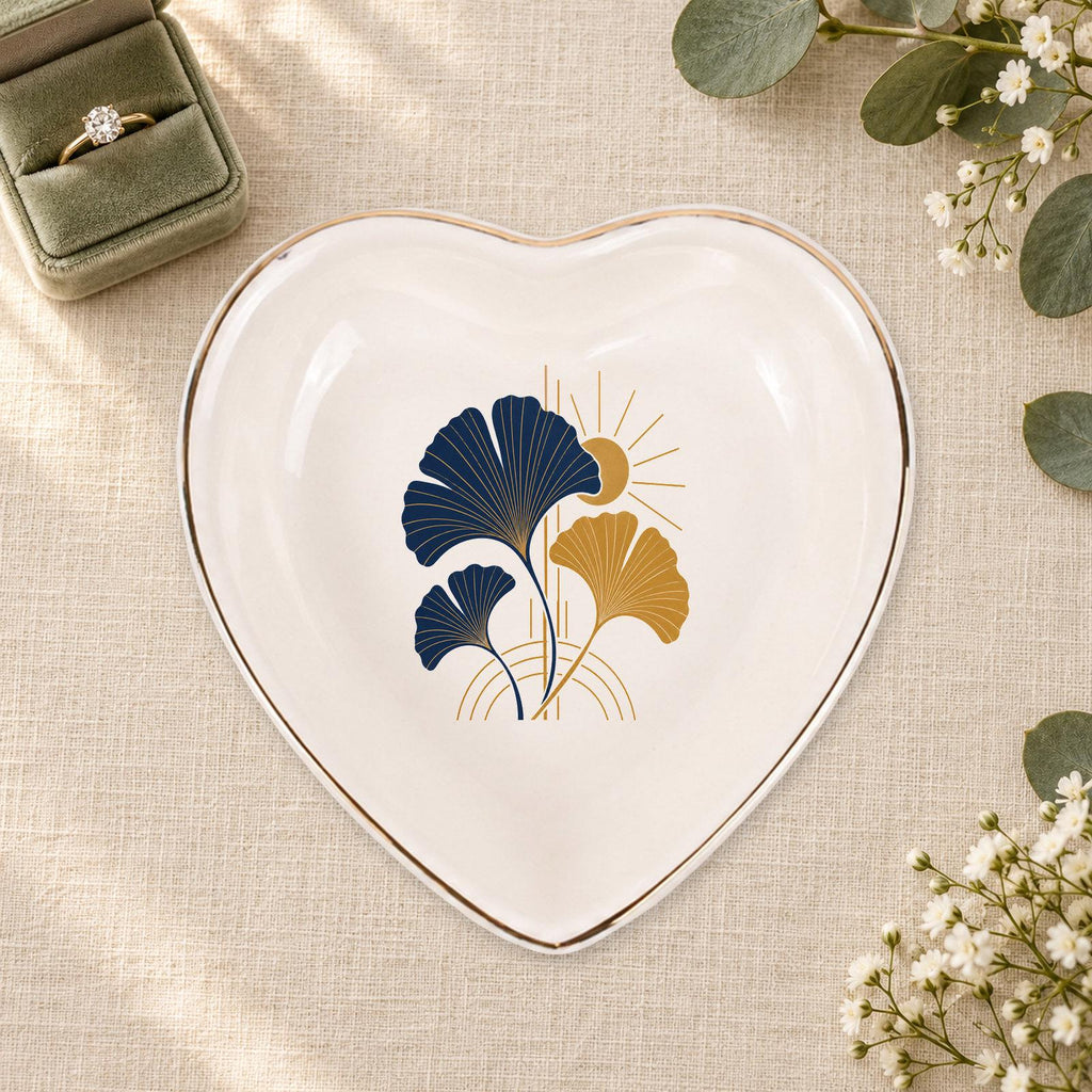 Art Deco Ginkgo Ceramic Ring Dish, Gold Rim Trinket Tray, Jewelry Holder Gift, Five Shape Options