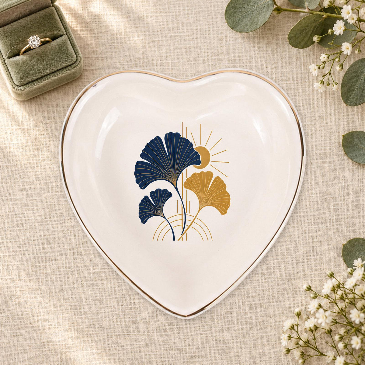 Art Deco Ginkgo Ceramic Ring Dish, Gold Rim Trinket Tray, Jewelry Holder Gift, Five Shape Options