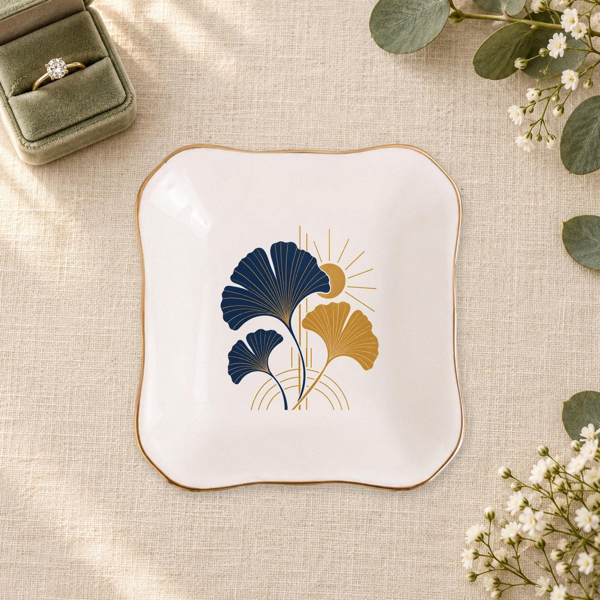Art Deco Ginkgo Ceramic Ring Dish, Gold Rim Trinket Tray, Jewelry Holder Gift, Five Shape Options