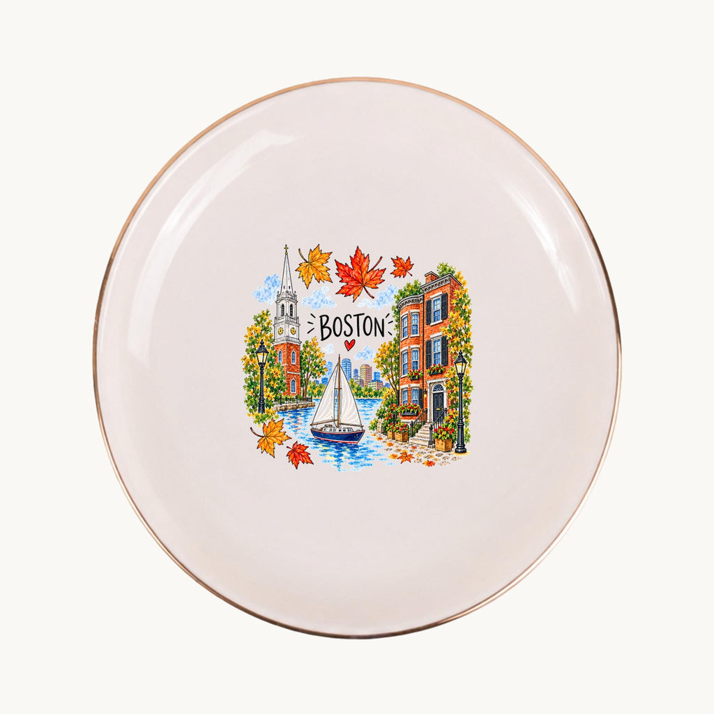Boston Ceramic Ring Dish, Gold Rim Trinket Tray, Jewelry Holder Gift, Five Shape Options
