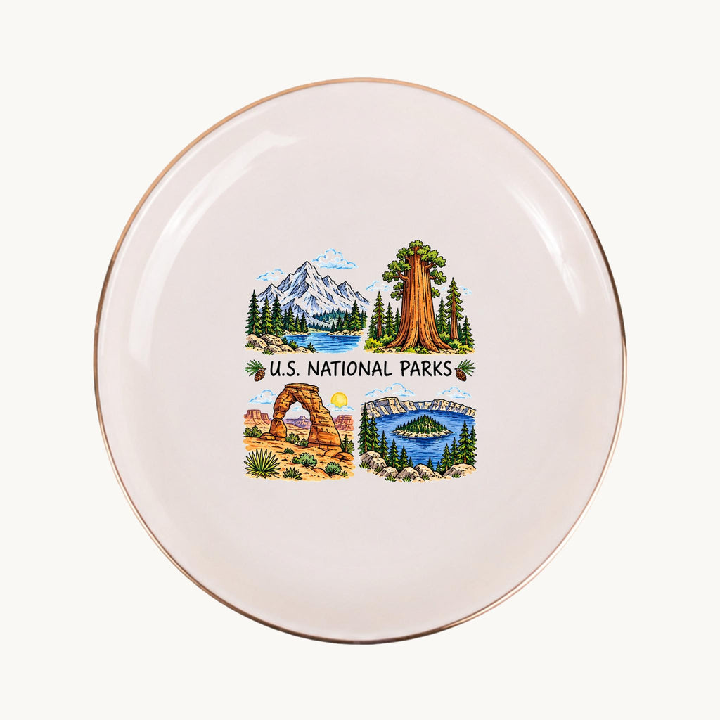 U.S. National Parks Ceramic Ring Dish, Gold Rim Trinket Tray, Jewelry Holder Gift, Five Shape Options
