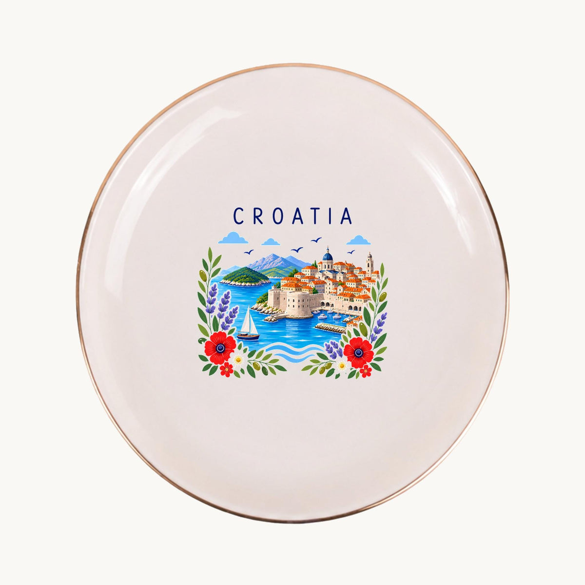 Croatia Ceramic Ring Dish, Gold Rim Trinket Tray, Jewelry Holder Gift, Five Shape Options