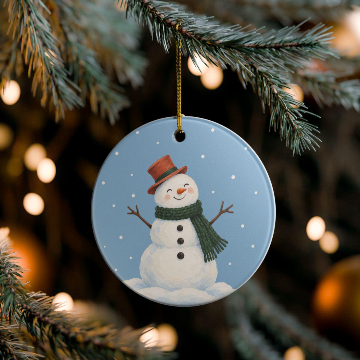 Scarf Snowman Ceramic Ornament, Double Sided Round Christmas Decoration, Holiday Keepsake Gift