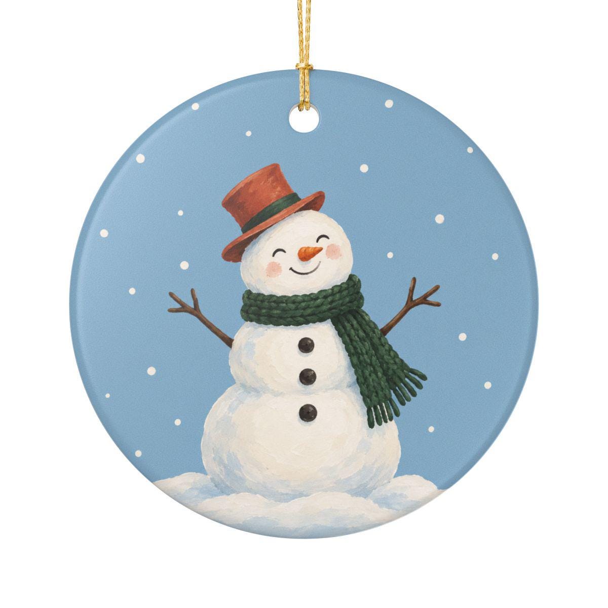 Scarf Snowman Ceramic Ornament, Double Sided Round Christmas Decoration, Holiday Keepsake Gift