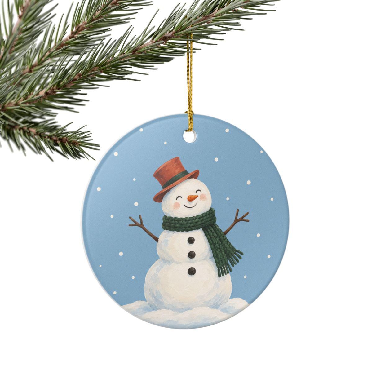 Scarf Snowman Ceramic Ornament, Double Sided Round Christmas Decoration, Holiday Keepsake Gift