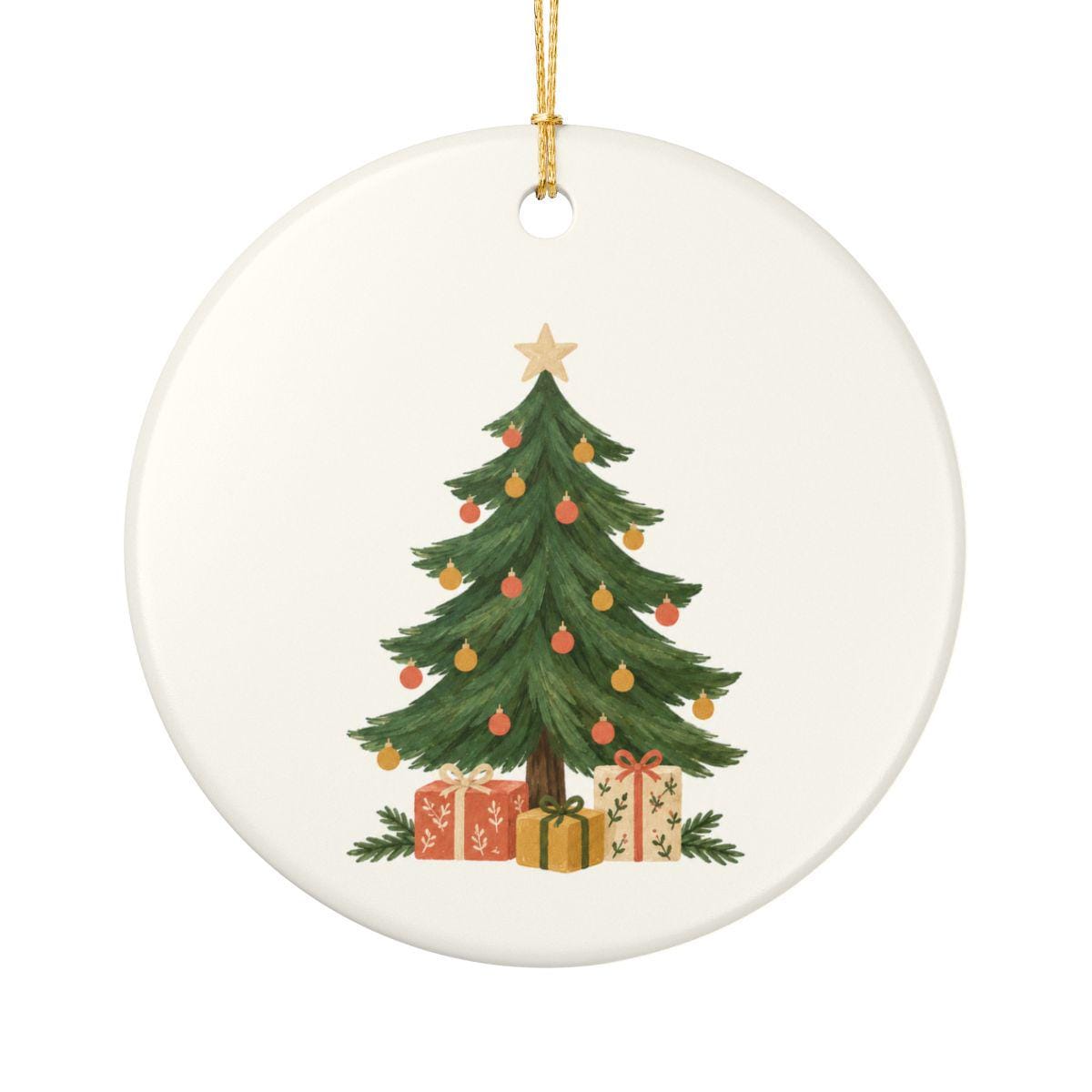 Christmas Tree and Gifts Ceramic Ornament, Double Sided Round Christmas Decoration, Holiday Keepsake Gift