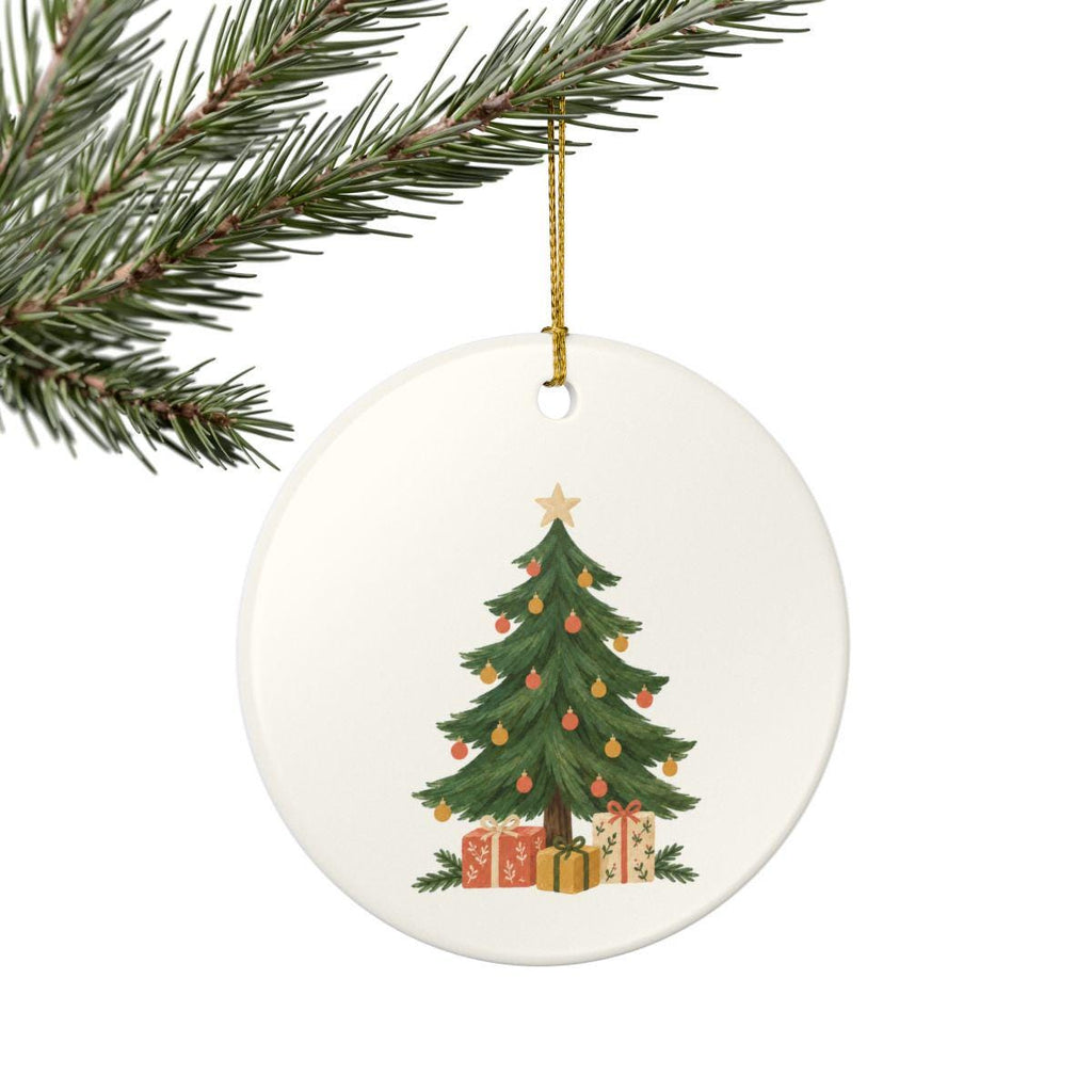Christmas Tree and Gifts Ceramic Ornament, Double Sided Round Christmas Decoration, Holiday Keepsake Gift