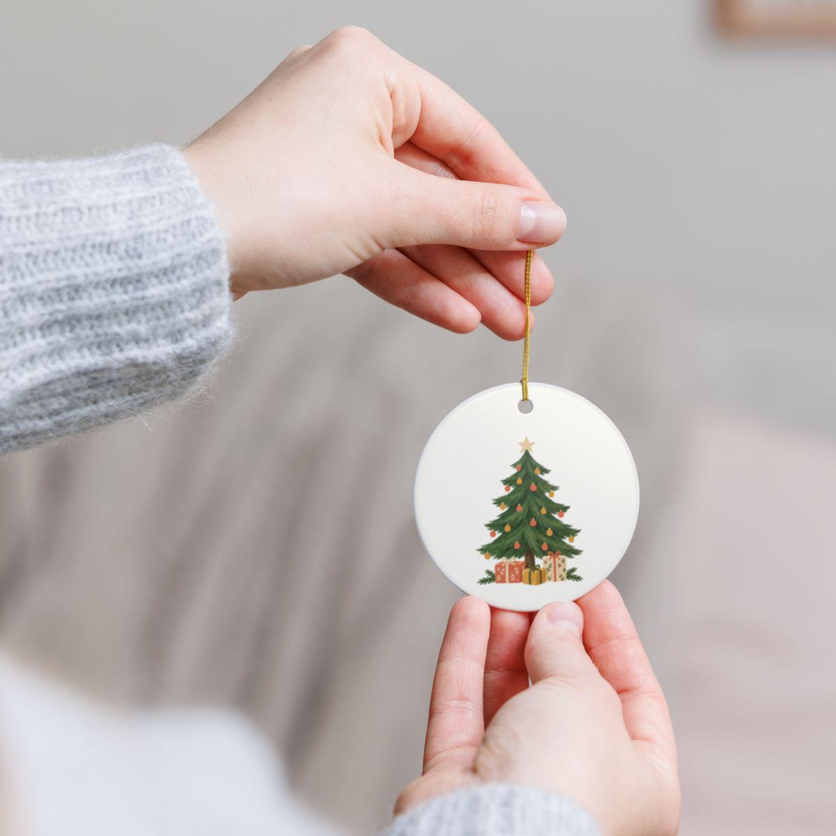 Christmas Tree and Gifts Ceramic Ornament, Double Sided Round Christmas Decoration, Holiday Keepsake Gift