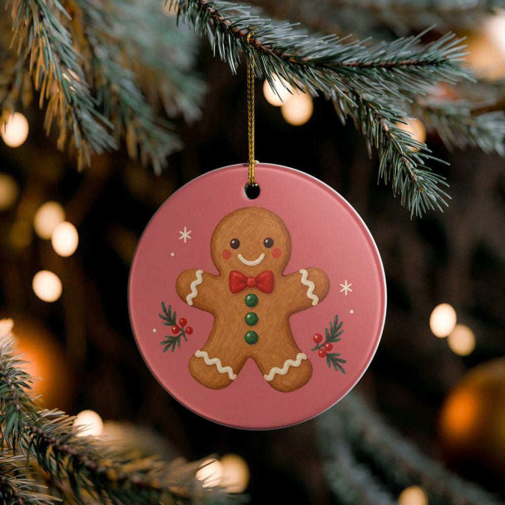 Gingerbread Cookie Ceramic Ornament, Double Sided Round Christmas Decoration, Holiday Keepsake Gift