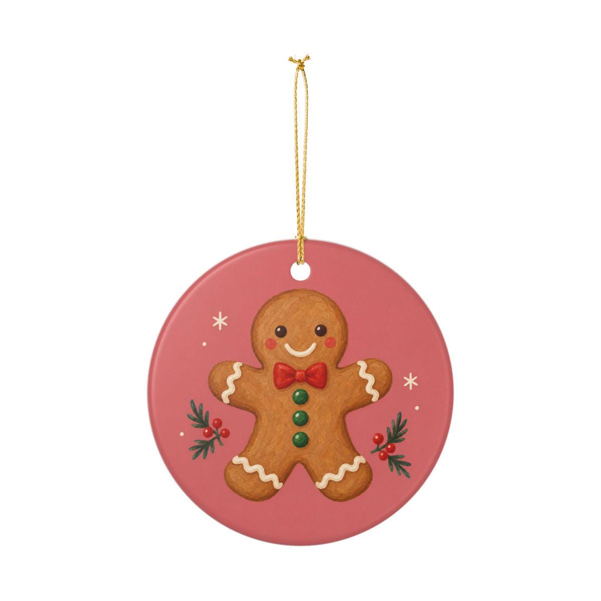 Gingerbread Cookie Ceramic Ornament, Double Sided Round Christmas Decoration, Holiday Keepsake Gift
