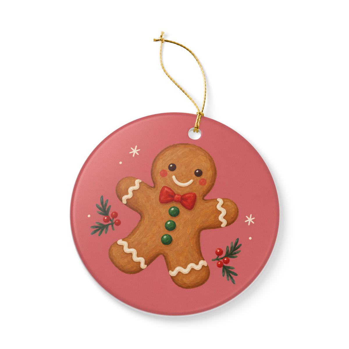 Gingerbread Cookie Ceramic Ornament, Double Sided Round Christmas Decoration, Holiday Keepsake Gift
