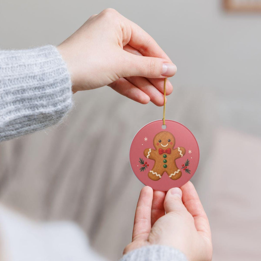 Gingerbread Cookie Ceramic Ornament, Double Sided Round Christmas Decoration, Holiday Keepsake Gift