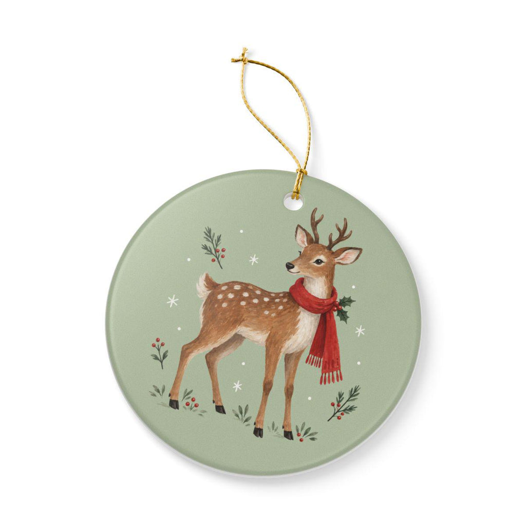Woodland Reindeer Ceramic Ornament, Double Sided Round Christmas Decoration, Holiday Keepsake Gift