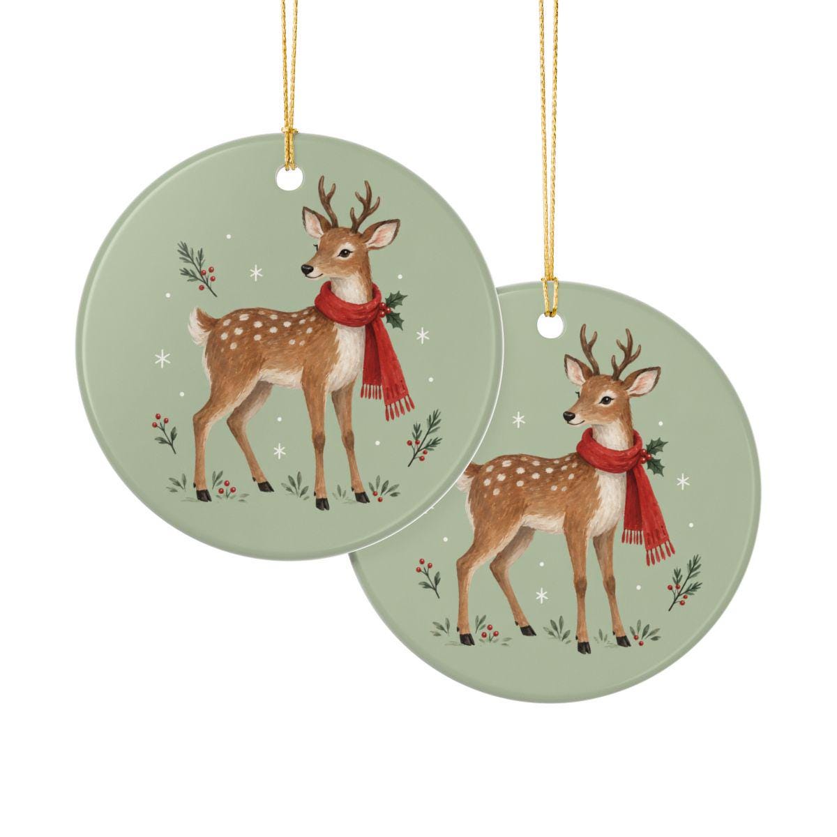 Woodland Reindeer Ceramic Ornament, Double Sided Round Christmas Decoration, Holiday Keepsake Gift