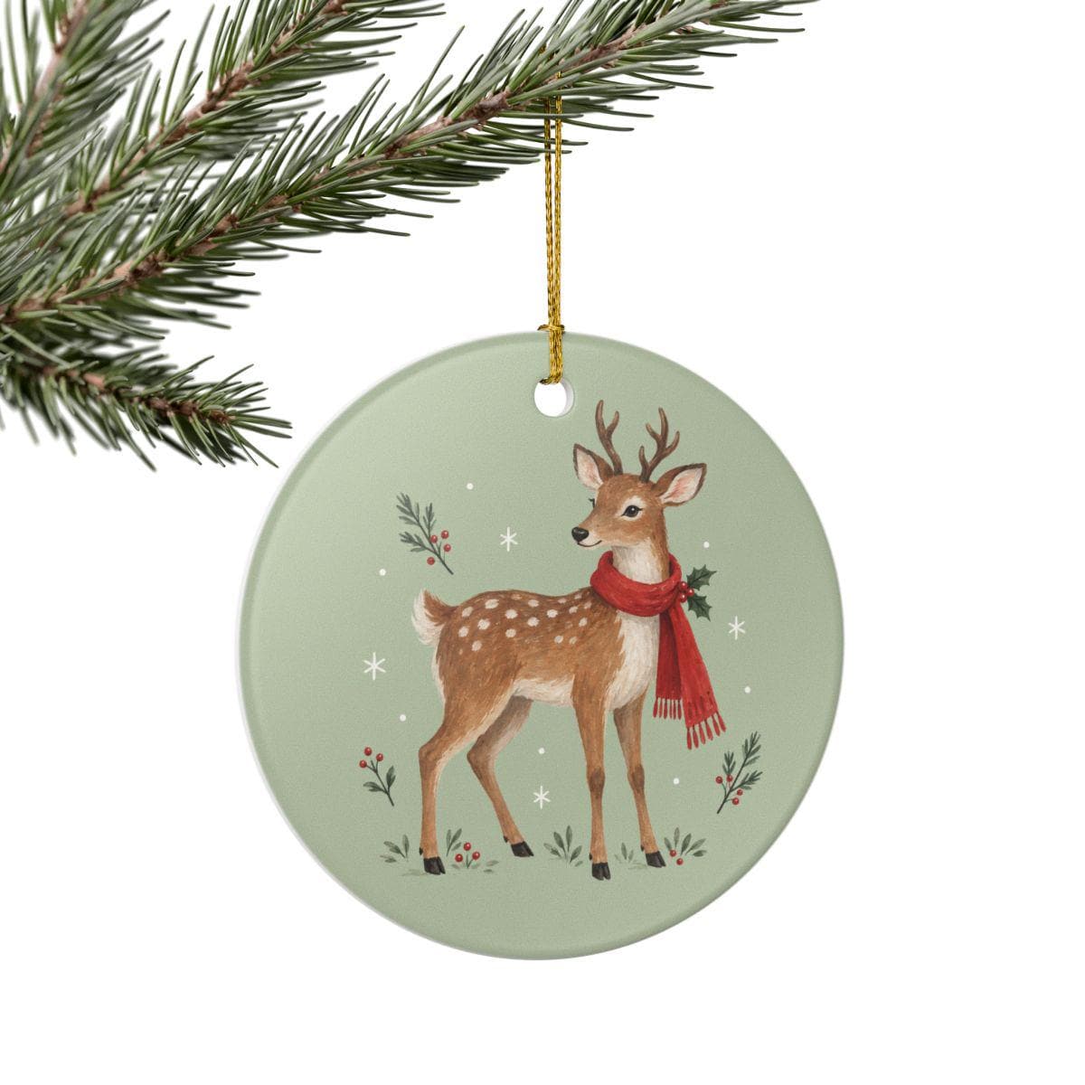 Woodland Reindeer Ceramic Ornament, Double Sided Round Christmas Decoration, Holiday Keepsake Gift