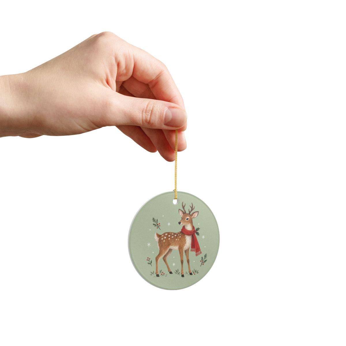 Woodland Reindeer Ceramic Ornament, Double Sided Round Christmas Decoration, Holiday Keepsake Gift