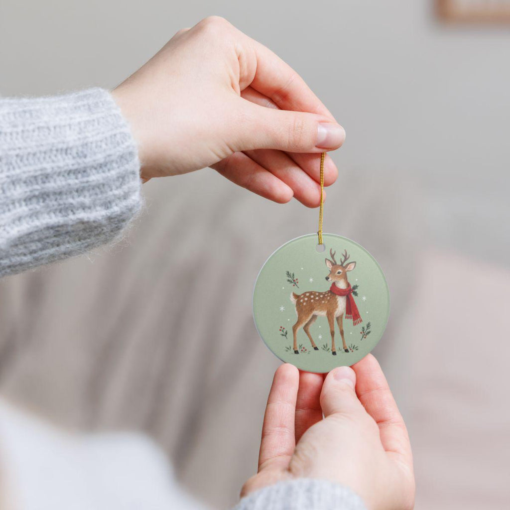 Woodland Reindeer Ceramic Ornament, Double Sided Round Christmas Decoration, Holiday Keepsake Gift