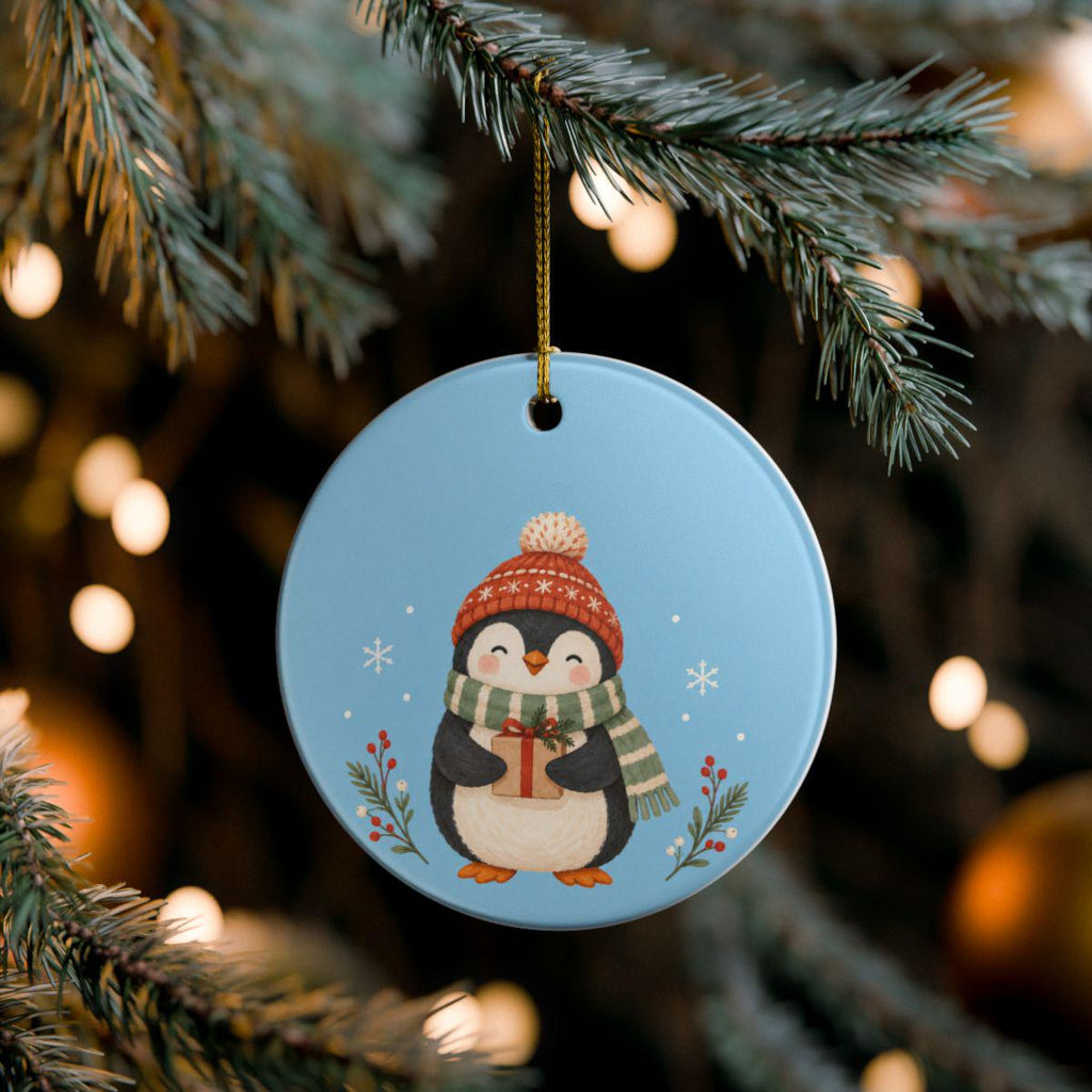 Cozy Winter Penguin Ceramic Ornament, Double Sided Round Christmas Decoration, Holiday Keepsake Gift