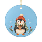 Cozy Winter Penguin Ceramic Ornament, Double Sided Round Christmas Decoration, Holiday Keepsake Gift