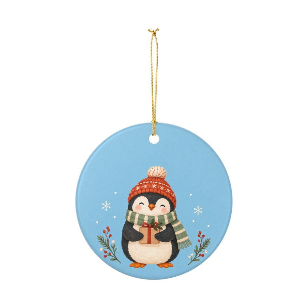 Cozy Winter Penguin Ceramic Ornament, Double Sided Round Christmas Decoration, Holiday Keepsake Gift