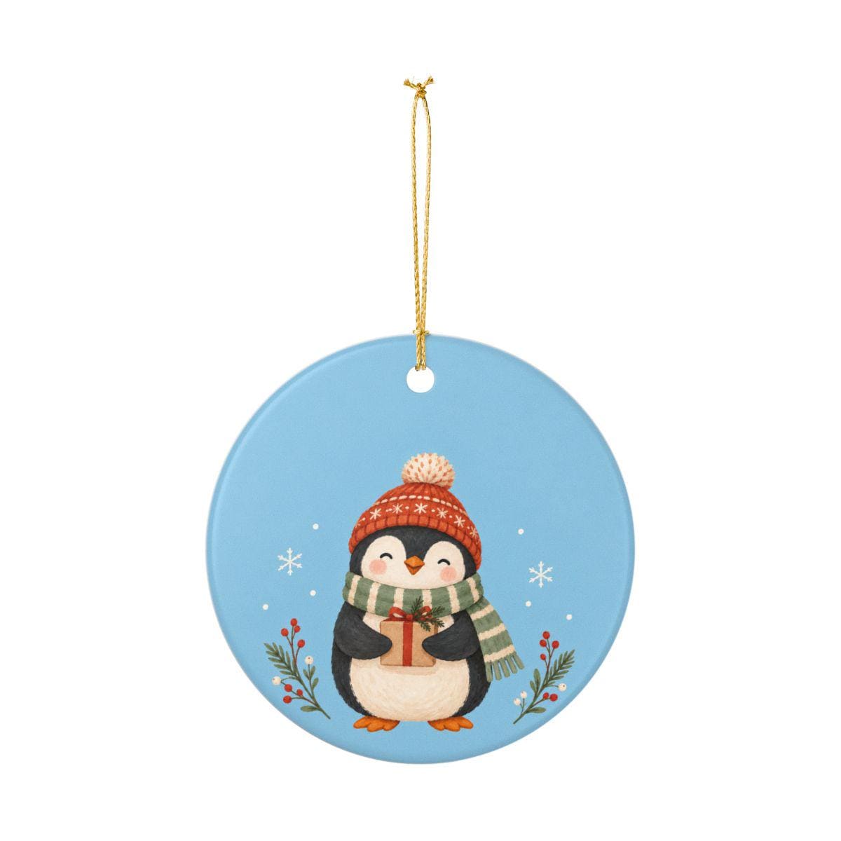Cozy Winter Penguin Ceramic Ornament, Double Sided Round Christmas Decoration, Holiday Keepsake Gift