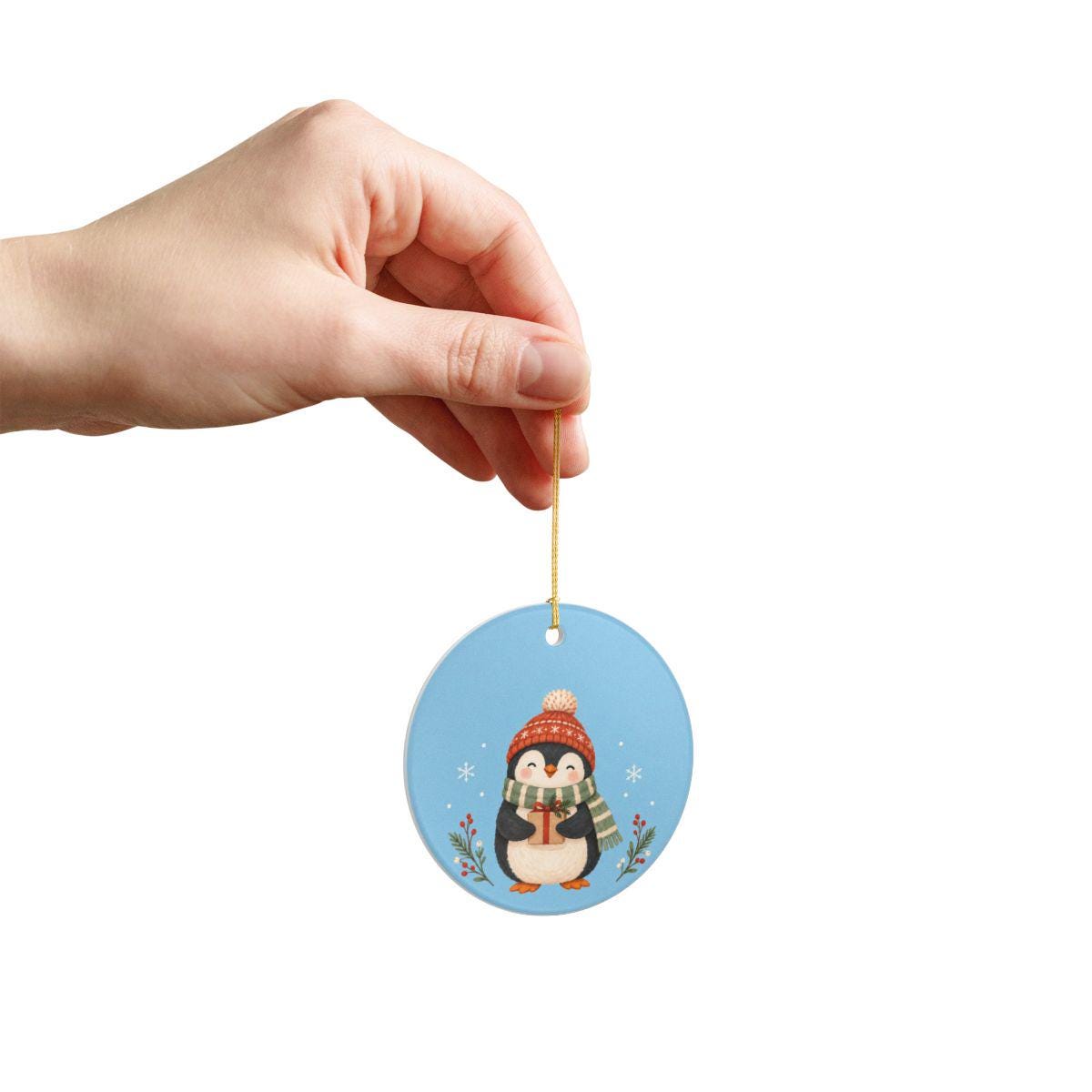 Cozy Winter Penguin Ceramic Ornament, Double Sided Round Christmas Decoration, Holiday Keepsake Gift